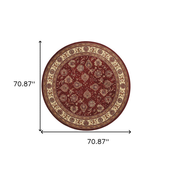 HomeRoots 6' Elegant Red and Ivory Oriental Round Rug for Timeless Style, Durability, and Easy Maintenance 6' Round 574146