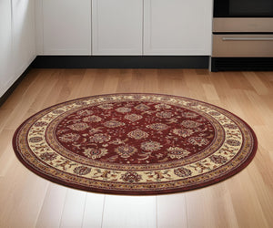 HomeRoots 6' Elegant Red and Ivory Oriental Round Rug for Timeless Style, Durability, and Easy Maintenance 6' Round 574146