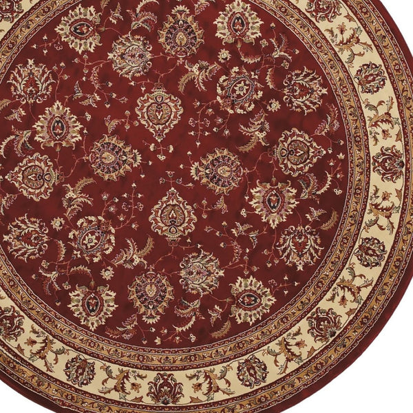 HomeRoots 6' Elegant Red and Ivory Oriental Round Rug for Timeless Style, Durability, and Easy Maintenance 8' Round 574147