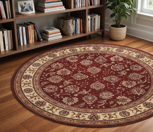 HomeRoots 6' Elegant Red and Ivory Oriental Round Rug for Timeless Style, Durability, and Easy Maintenance 8' Round 574147