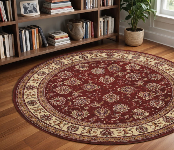 HomeRoots 6' Elegant Red and Ivory Oriental Round Rug for Timeless Style, Durability, and Easy Maintenance 8' Round 574147