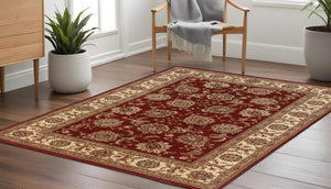 HomeRoots 6' Elegant Red and Ivory Oriental Round Rug for Timeless Style, Durability, and Easy Maintenance 8' Square 574148