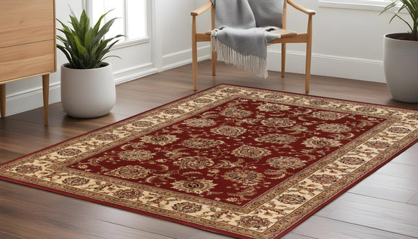 HomeRoots 6' Elegant Red and Ivory Oriental Round Rug for Timeless Style, Durability, and Easy Maintenance 8' Square 574148