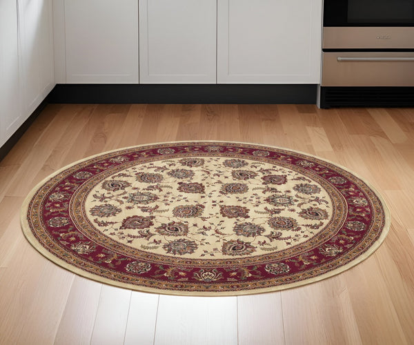 HomeRoots 6' Ivory and Red Oriental Round Rug – Timeless Elegance with Durable Performance for Every Home 6' Round 574152