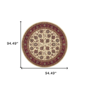 HomeRoots 6' Ivory and Red Oriental Round Rug – Timeless Elegance with Durable Performance for Every Home 8' Round 574153