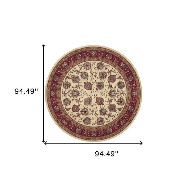HomeRoots 6' Ivory and Red Oriental Round Rug – Timeless Elegance with Durable Performance for Every Home 8' Round 574153