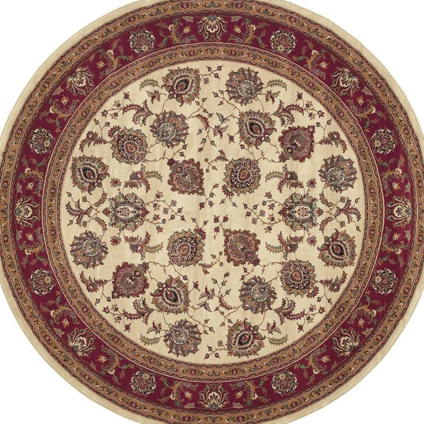 HomeRoots 6' Ivory and Red Oriental Round Rug – Timeless Elegance with Durable Performance for Every Home 8' Round 574153
