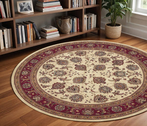 HomeRoots 6' Ivory and Red Oriental Round Rug – Timeless Elegance with Durable Performance for Every Home 8' Round 574153