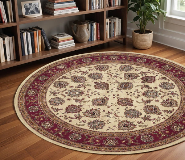 HomeRoots 6' Ivory and Red Oriental Round Rug – Timeless Elegance with Durable Performance for Every Home 8' Round 574153