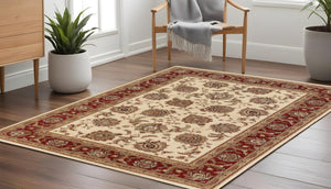 HomeRoots 6' Ivory and Red Oriental Round Rug – Timeless Elegance with Durable Performance for Every Home 8' Square 574154