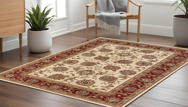 HomeRoots 6' Ivory and Red Oriental Round Rug – Timeless Elegance with Durable Performance for Every Home 8' Square 574154