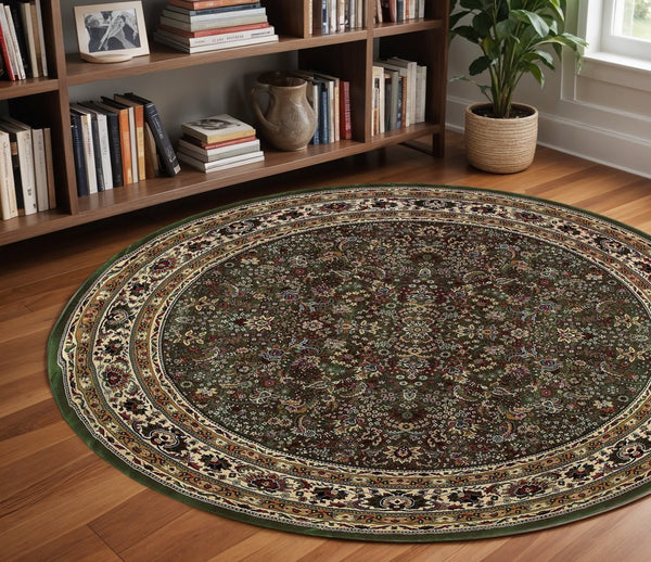 Homeroots 6' Elegant Green And Ivory Oriental Round Rug - Durable, Stain-resistant, Perfect For Any Room 8' Round Polypropylene 574156