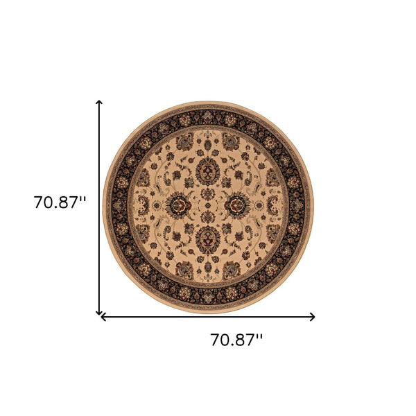 HomeRoots 6' Ivory and Black Oriental Rug - Timeless Elegance for Living Spaces, Durable, Easy Care, and Stylish 6' Round 574161