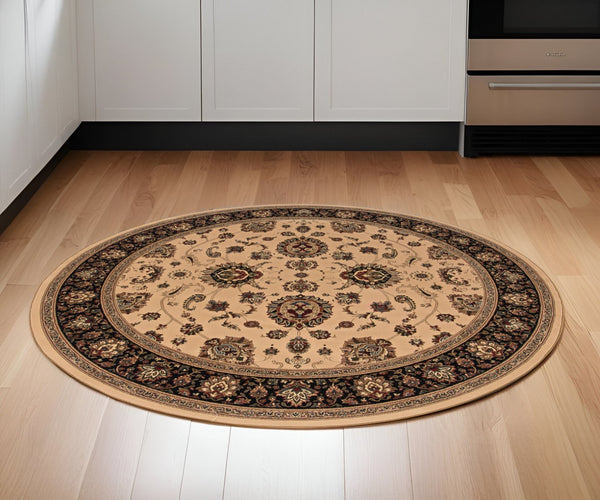 HomeRoots 6' Ivory and Black Oriental Rug - Timeless Elegance for Living Spaces, Durable, Easy Care, and Stylish 6' Round 574161