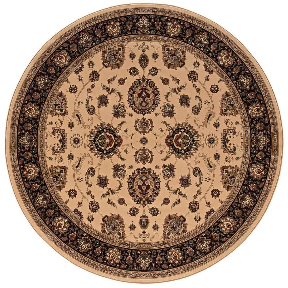 HomeRoots 6' Ivory and Black Oriental Rug - Timeless Elegance for Living Spaces, Durable, Easy Care, and Stylish 8' Round 574162