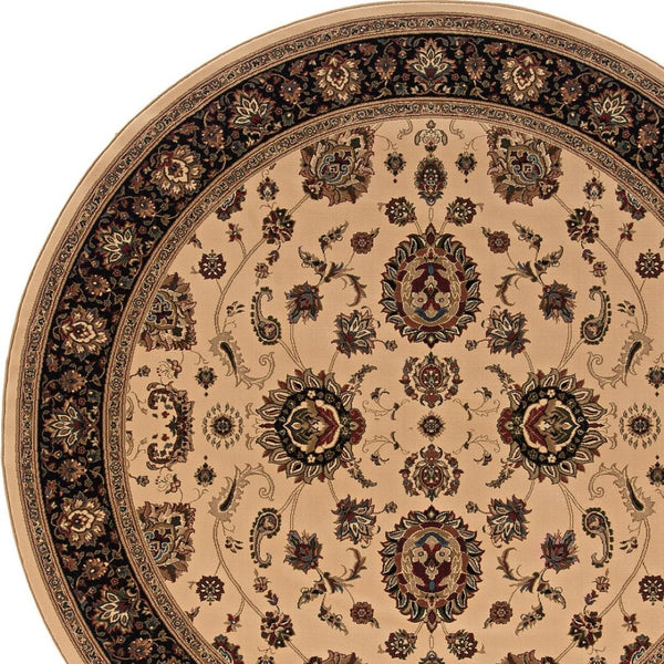 HomeRoots 6' Ivory and Black Oriental Rug - Timeless Elegance for Living Spaces, Durable, Easy Care, and Stylish 8' Round 574162