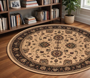 HomeRoots 6' Ivory and Black Oriental Rug - Timeless Elegance for Living Spaces, Durable, Easy Care, and Stylish 8' Round 574162