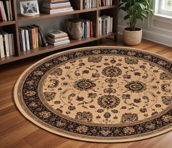 HomeRoots 6' Ivory and Black Oriental Rug - Timeless Elegance for Living Spaces, Durable, Easy Care, and Stylish 8' Round 574162