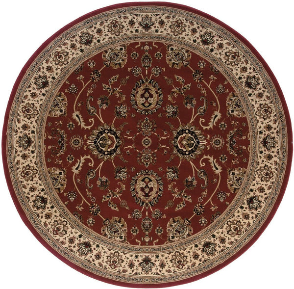 HomeRoots 6' Red Geometric Oriental Rug - Durable, Stain-Resistant Design for Timeless Home Elegance & Comfort 6' Round 574164