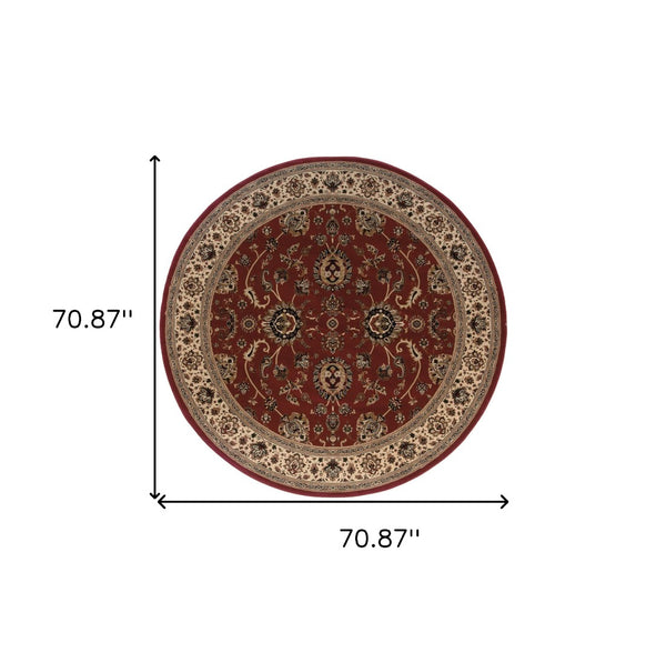 HomeRoots 6' Red Geometric Oriental Rug - Durable, Stain-Resistant Design for Timeless Home Elegance & Comfort 6' Round 574164