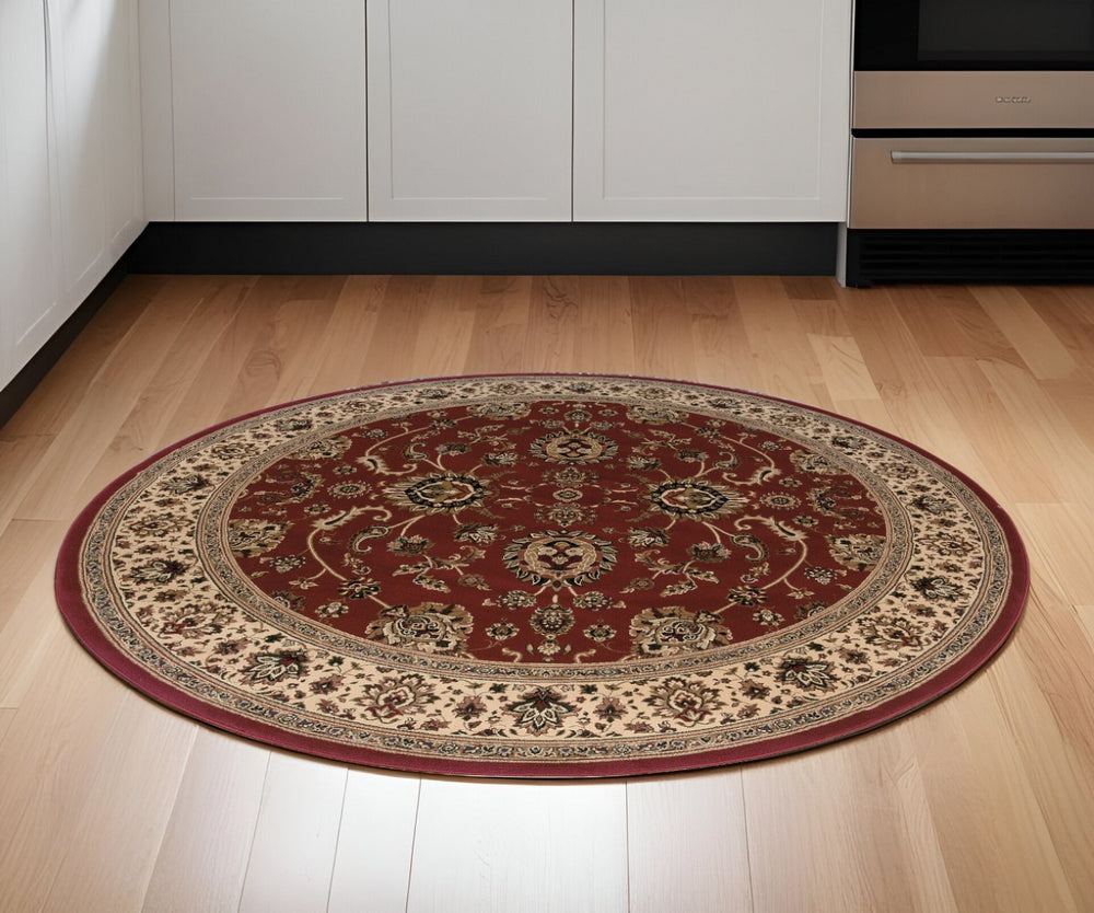 HomeRoots 6' Red Geometric Oriental Rug - Durable, Stain-Resistant Design for Timeless Home Elegance & Comfort 6' Round 574164