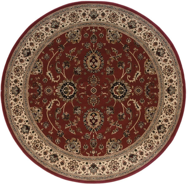 HomeRoots 6' Red Geometric Oriental Rug - Durable, Stain-Resistant Design for Timeless Home Elegance & Comfort 8' Round 574165