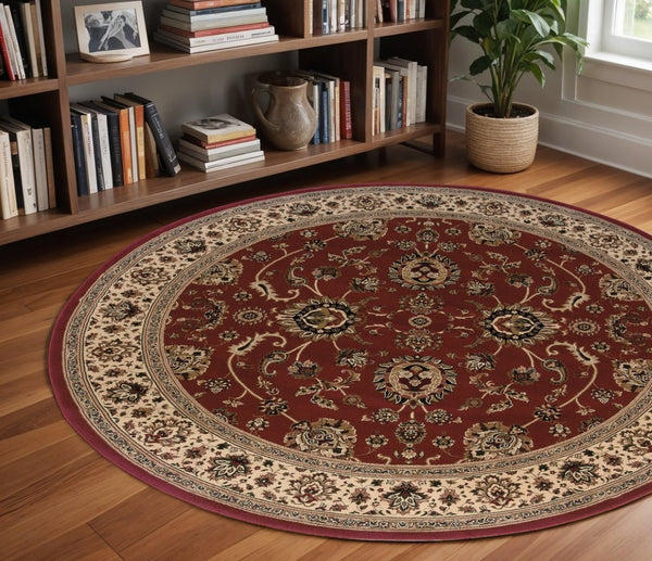 HomeRoots 6' Red Geometric Oriental Rug - Durable, Stain-Resistant Design for Timeless Home Elegance & Comfort 8' Round 574165