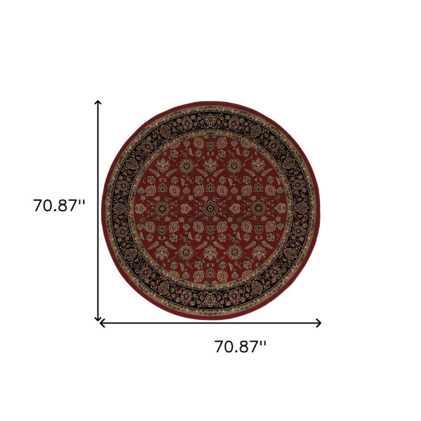 HomeRoots 6' Striking Red and Black Oriental Round Rug - Durable, Stain-Resistant Design for Family Spaces 6' Round 574167
