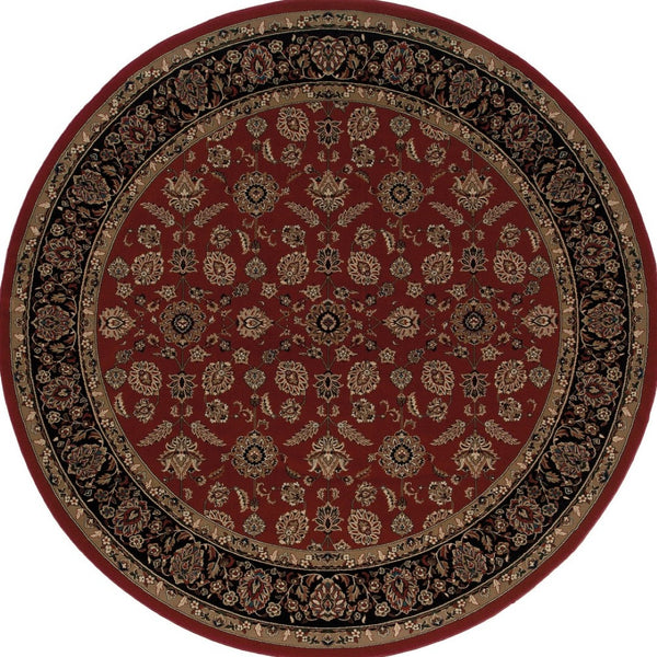 HomeRoots 6' Striking Red and Black Oriental Round Rug - Durable, Stain-Resistant Design for Family Spaces 6' Round 574167