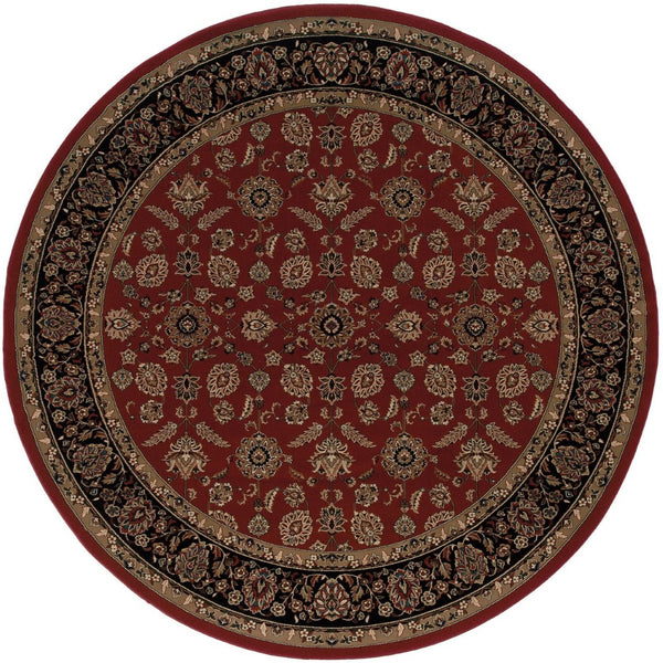 HomeRoots 6' Striking Red and Black Oriental Round Rug - Durable, Stain-Resistant Design for Family Spaces 6' Round 574167