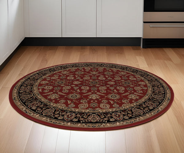 HomeRoots 6' Striking Red and Black Oriental Round Rug - Durable, Stain-Resistant Design for Family Spaces 6' Round 574167
