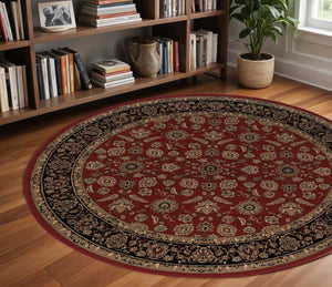 HomeRoots 6' Striking Red and Black Oriental Round Rug - Durable, Stain-Resistant Design for Family Spaces 8' Round 574168