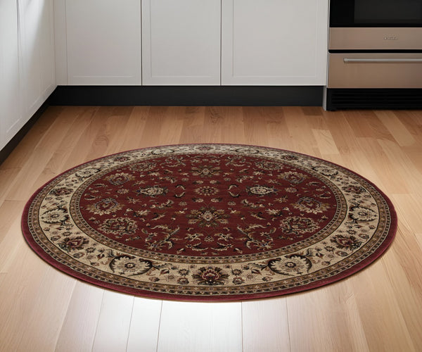 HomeRoots 6' Elegant Oriental Rug in Red and Ivory – Durable, Stain-Resistant Design for Busy Homes 6' Round 574173