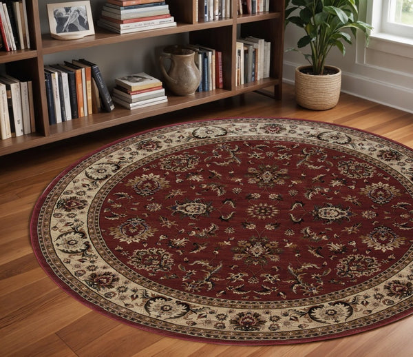 HomeRoots 6' Elegant Oriental Rug in Red and Ivory – Durable, Stain-Resistant Design for Busy Homes 8' Round 574174