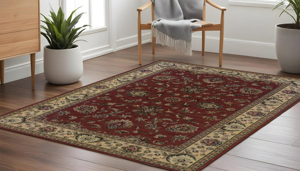 HomeRoots 6' Elegant Oriental Rug in Red and Ivory – Durable, Stain-Resistant Design for Busy Homes 8' Square 574175
