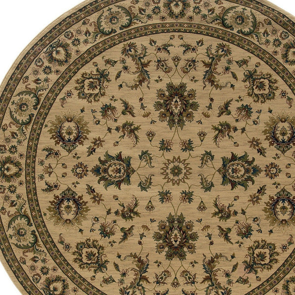 HomeRoots 6' Ivory and Green Oriental Round Rug – Elegant Design, Durable, Stain-Resistant for Every Space 6' Round 574176