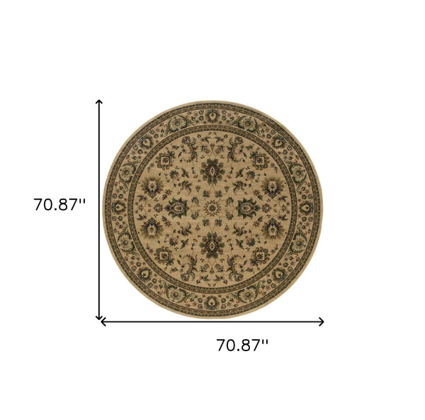 HomeRoots 6' Ivory and Green Oriental Round Rug – Elegant Design, Durable, Stain-Resistant for Every Space 6' Round 574176