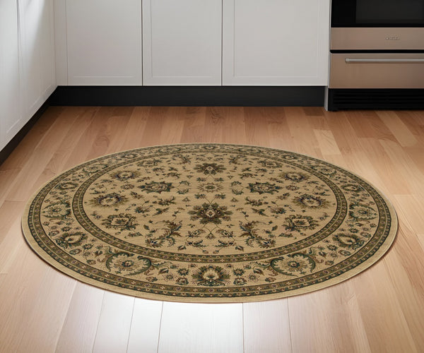 HomeRoots 6' Ivory and Green Oriental Round Rug – Elegant Design, Durable, Stain-Resistant for Every Space 6' Round 574176