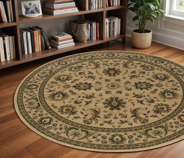 HomeRoots 6' Ivory and Green Oriental Round Rug – Elegant Design, Durable, Stain-Resistant for Every Space 8' Round 574177