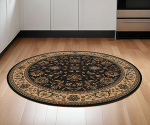 HomeRoots 6' Elegant Black, Ivory, and Brown Oriental Rug for Timeless Style and Easy Maintenance in Your Home 6' Round 574179