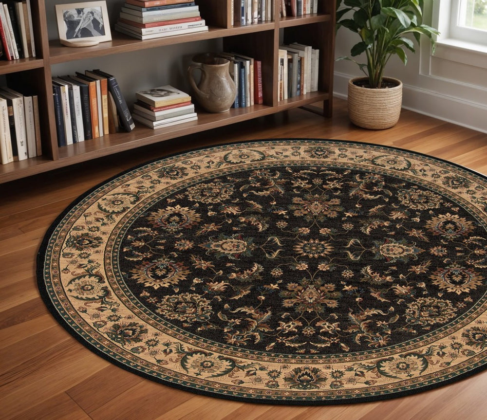 HomeRoots 6' Elegant Black, Ivory, and Brown Oriental Rug for Timeless Style and Easy Maintenance in Your Home 8' Round 574180