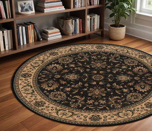 HomeRoots 6' Elegant Black, Ivory, and Brown Oriental Rug for Timeless Style and Easy Maintenance in Your Home 8' Round 574180