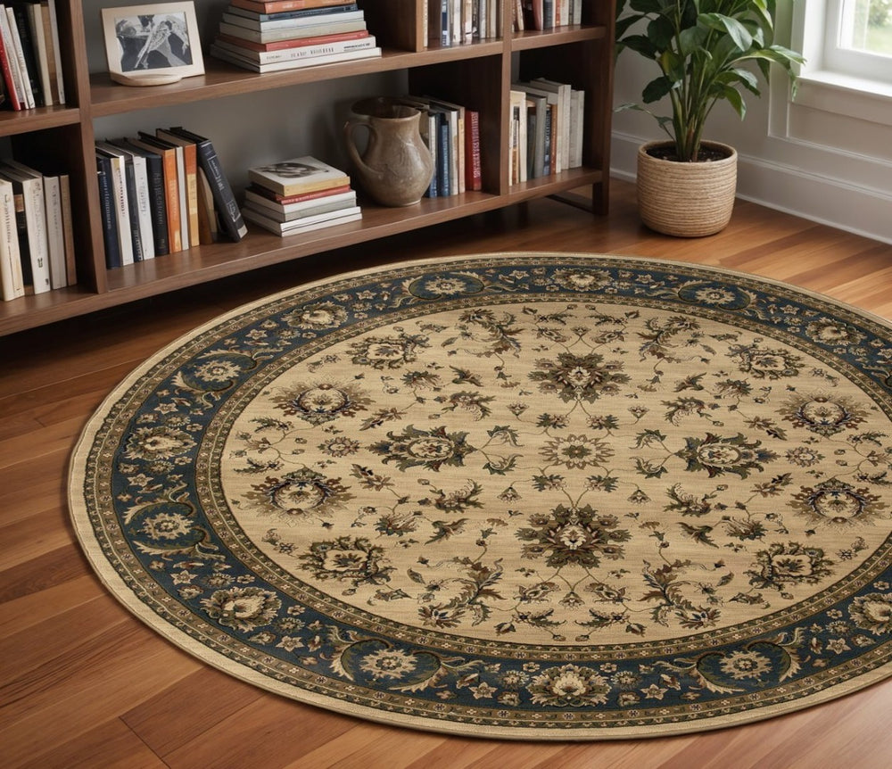 HomeRoots 6' Ivory and Blue Oriental Rug - Elegant, Stain-Resistant Design for Modern Living Spaces and Comfort 8' Round 574183