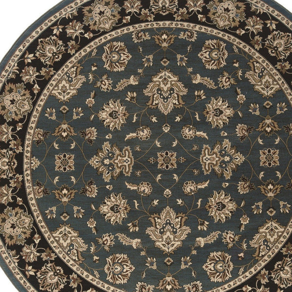 HomeRoots 6' Floral Slate Blue Black and Ivory Rug - Durable, Stain-Resistant Design for High-Traffic Areas 6' Round 574185