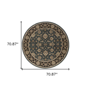HomeRoots 6' Floral Slate Blue Black and Ivory Rug - Durable, Stain-Resistant Design for High-Traffic Areas 6' Round 574185