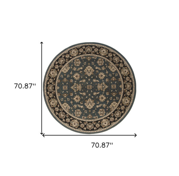 HomeRoots 6' Floral Slate Blue Black and Ivory Rug - Durable, Stain-Resistant Design for High-Traffic Areas 6' Round 574185