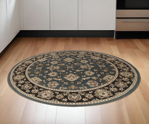 HomeRoots 6' Floral Slate Blue Black and Ivory Rug - Durable, Stain-Resistant Design for High-Traffic Areas 6' Round 574185