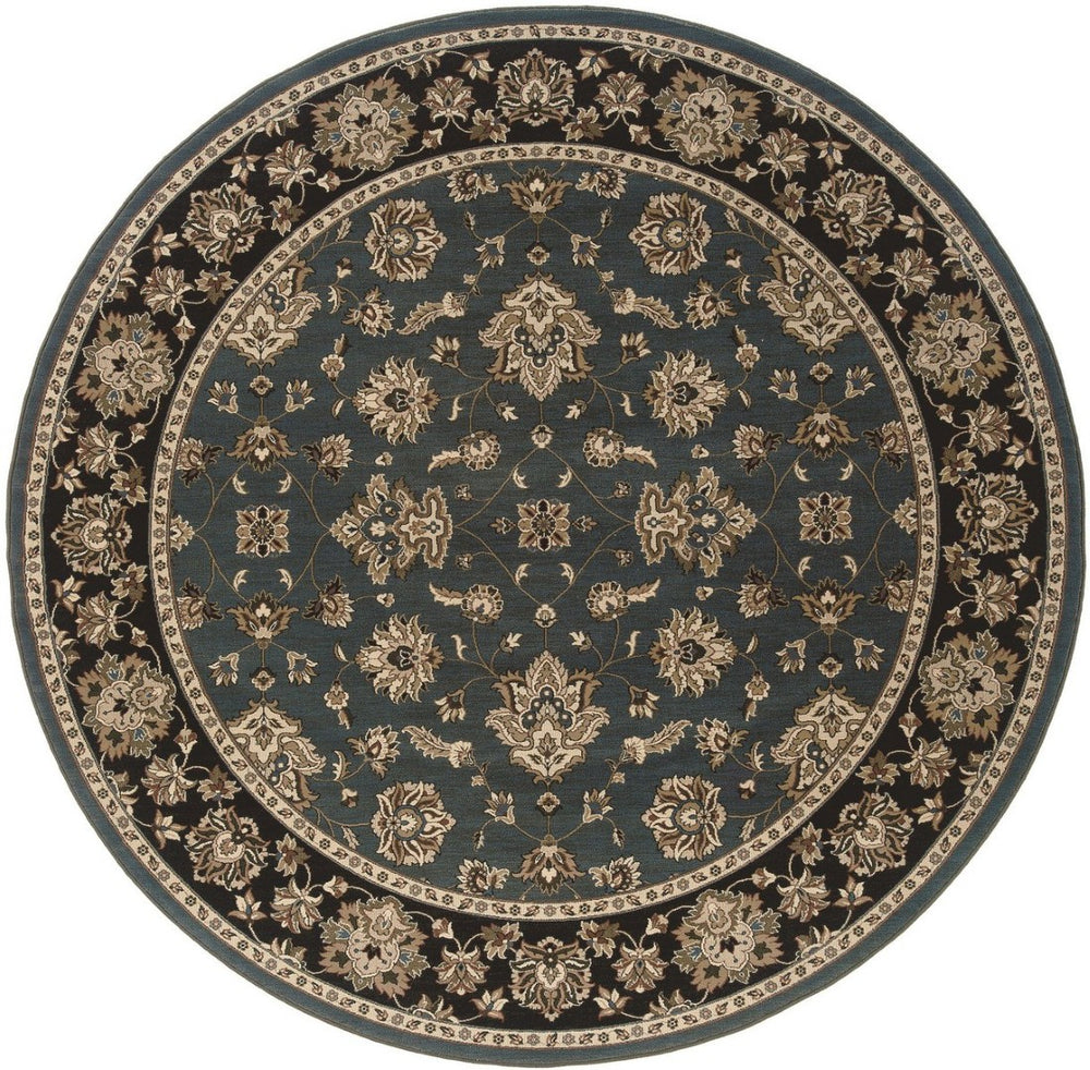 HomeRoots 6' Floral Slate Blue Black and Ivory Rug - Durable, Stain-Resistant Design for High-Traffic Areas 8' Round 574186