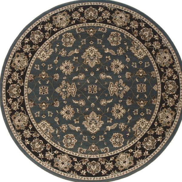 HomeRoots 6' Floral Slate Blue Black and Ivory Rug - Durable, Stain-Resistant Design for High-Traffic Areas 8' Round 574186