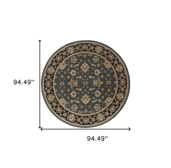 HomeRoots 6' Floral Slate Blue Black and Ivory Rug - Durable, Stain-Resistant Design for High-Traffic Areas 8' Round 574186